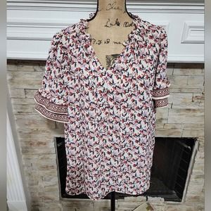 Max Studio red & white floral ruffle sleeve shirt plus size 2X‎